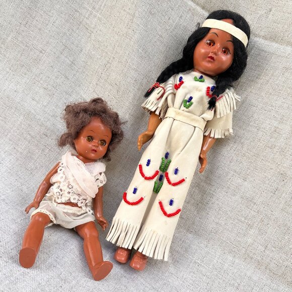 2 Vintage Celluloid Sleepy Eye Ethnic Dolls - Native American - African American - Picture 2 of 13